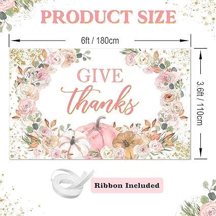 Give Thanks Banner Pink Pumpkin Floral Backdrop Fall Thanksgiving Party Photo Background