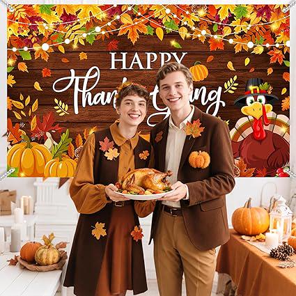 Happy Thanksgiving Banner Backdrop Fall Pumpkin Turkey Maple Leaves Friendsgiving Party 70.8x43.3 Inch