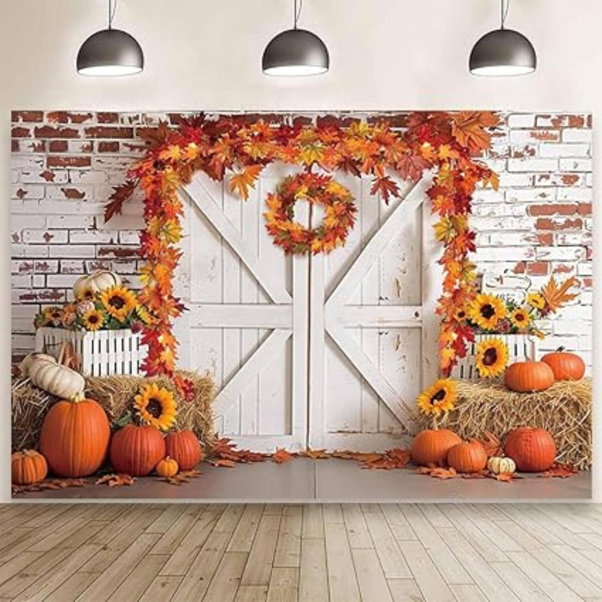 7x5ft Fall Thanksgiving Backdrop Rustic Barn Door Pumpkin Maple Wreath Haystack Sunflower