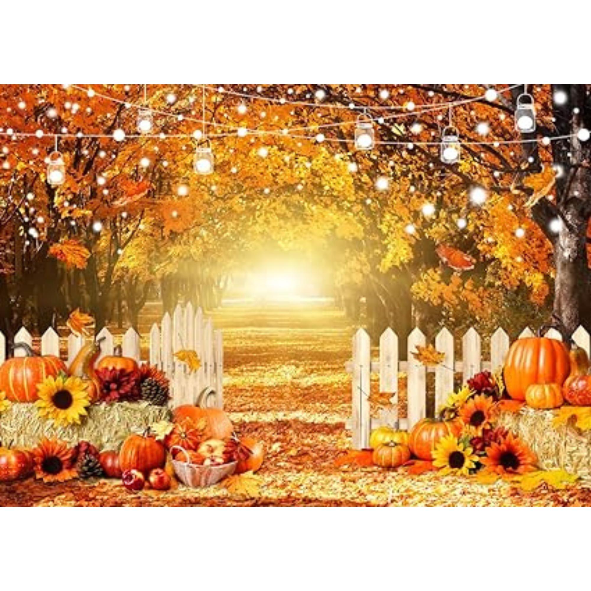 7x5ft Fall Thanksgiving Photo Backdrop Autumn Forest Scene with Pumpkins