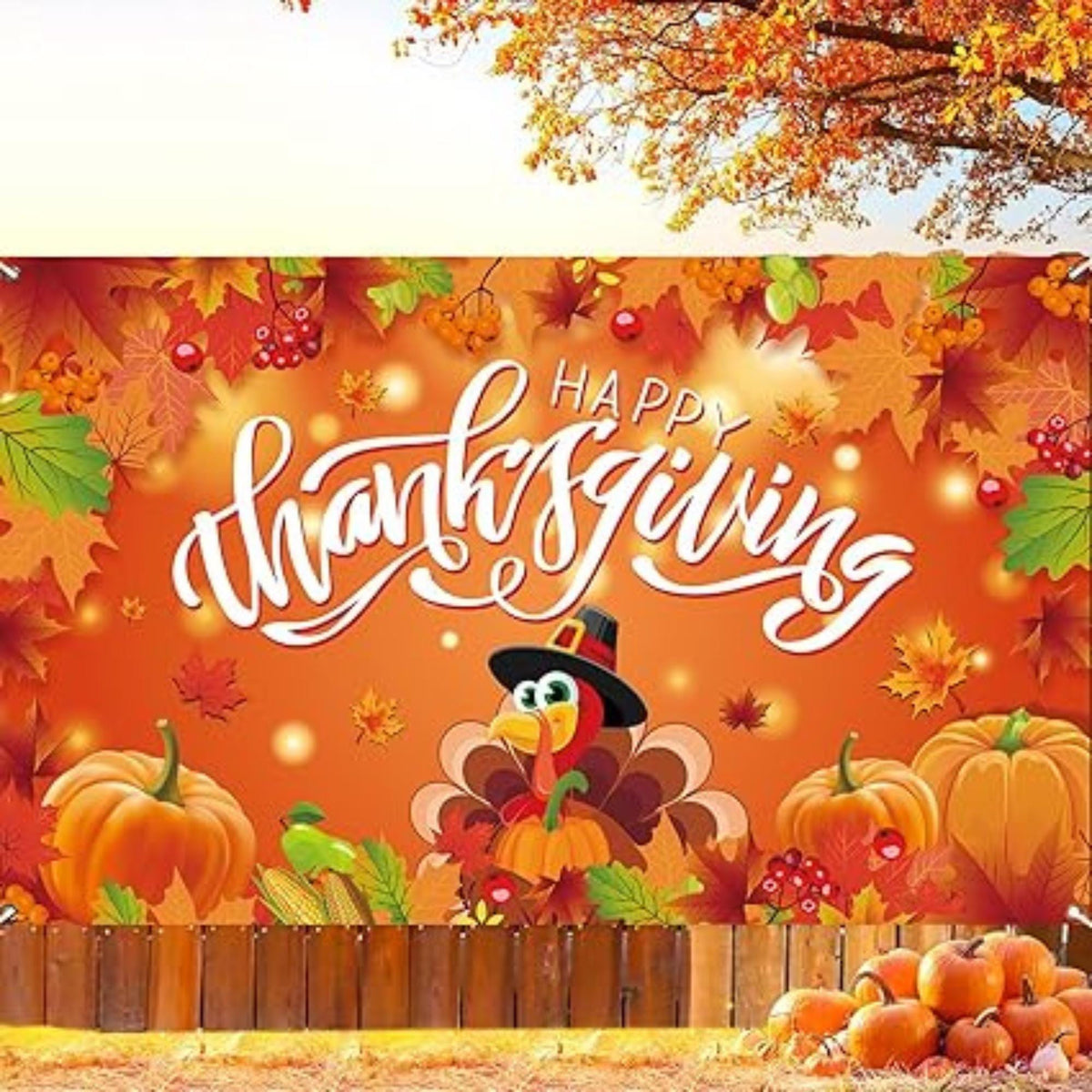 Thanksgiving Backdrop Large Happy Thanksgiving Banner Turkey Pumpkin Maple Leaf Decor