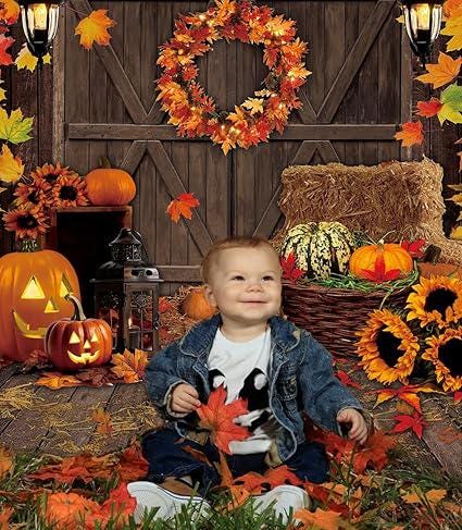 5x7ft Fall Thanksgiving Backdrop Autumn Harvest Maple Leaf Pumpkin Rustic Barn Door Banner