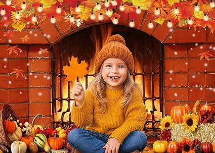 7x5ft Fall Fireplace Backdrop Thanksgiving Autumn Harvest Pumpkin Photo Banner