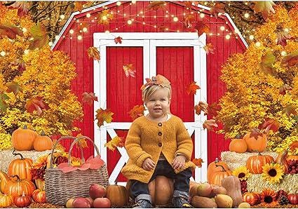 7x5ft Polyester Fall Harvest Red Farm Backdrop Autumn Pumpkin Maple Leaves Thanksgiving Party Banner
