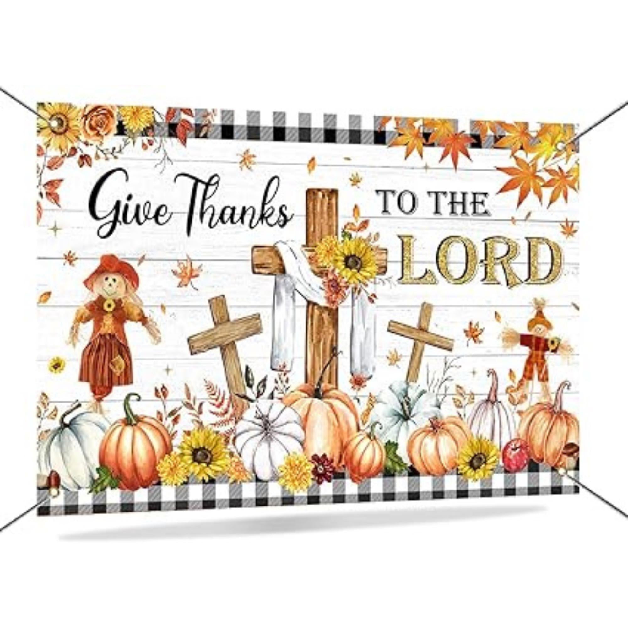 Fall Thanksgiving Backdrop Give Thanks to The Lord Jesus Pumpkin Maple Leaves Banner