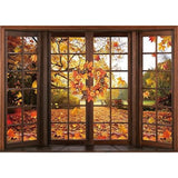 7x5ft Fall Window Backdrop Autumn Forest Maple Leaf Thanksgiving Harvest Photo Banner