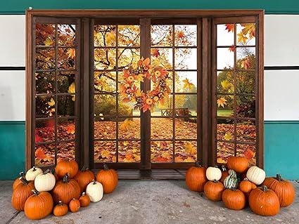 7x5ft Fall Window Backdrop Autumn Forest Maple Leaf Thanksgiving Harvest Photo Banner