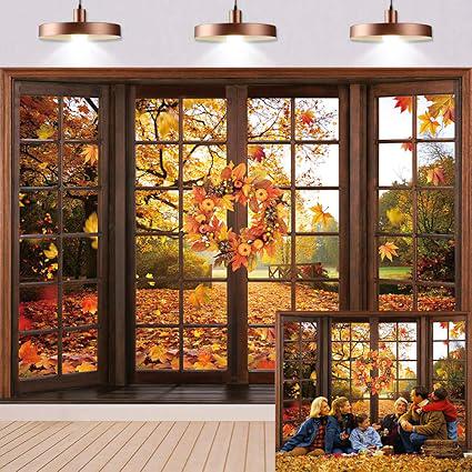 7x5ft Fall Window Backdrop Autumn Forest Maple Leaf Thanksgiving Harvest Photo Banner