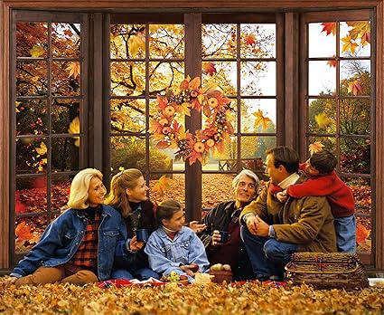 7x5ft Fall Window Backdrop Autumn Forest Maple Leaf Thanksgiving Harvest Photo Banner