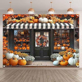 7x5ft Fall Pumpkin Shop Backdrop Rustic Autumn Maple Leaves Chrysanthemum Harvest Banner