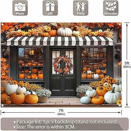 7x5ft Fall Pumpkin Shop Backdrop Rustic Autumn Maple Leaves Chrysanthemum Harvest Banner
