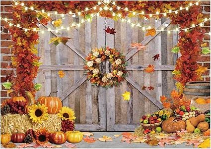 7x5ft Fall Thanksgiving Backdrop Pumpkin Harvest Barn Hay Maple Leaf Party