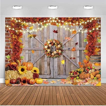 7x5ft Fall Thanksgiving Backdrop Pumpkin Harvest Barn Hay Maple Leaf Party