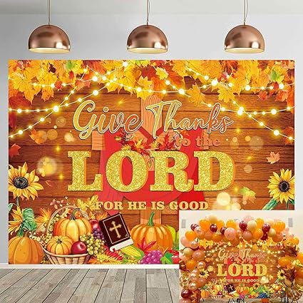 7x5ft Give Thanks to The Lord Backdrop Autumn Pumpkin Maple Leaves Christian Thanksgiving Banner
