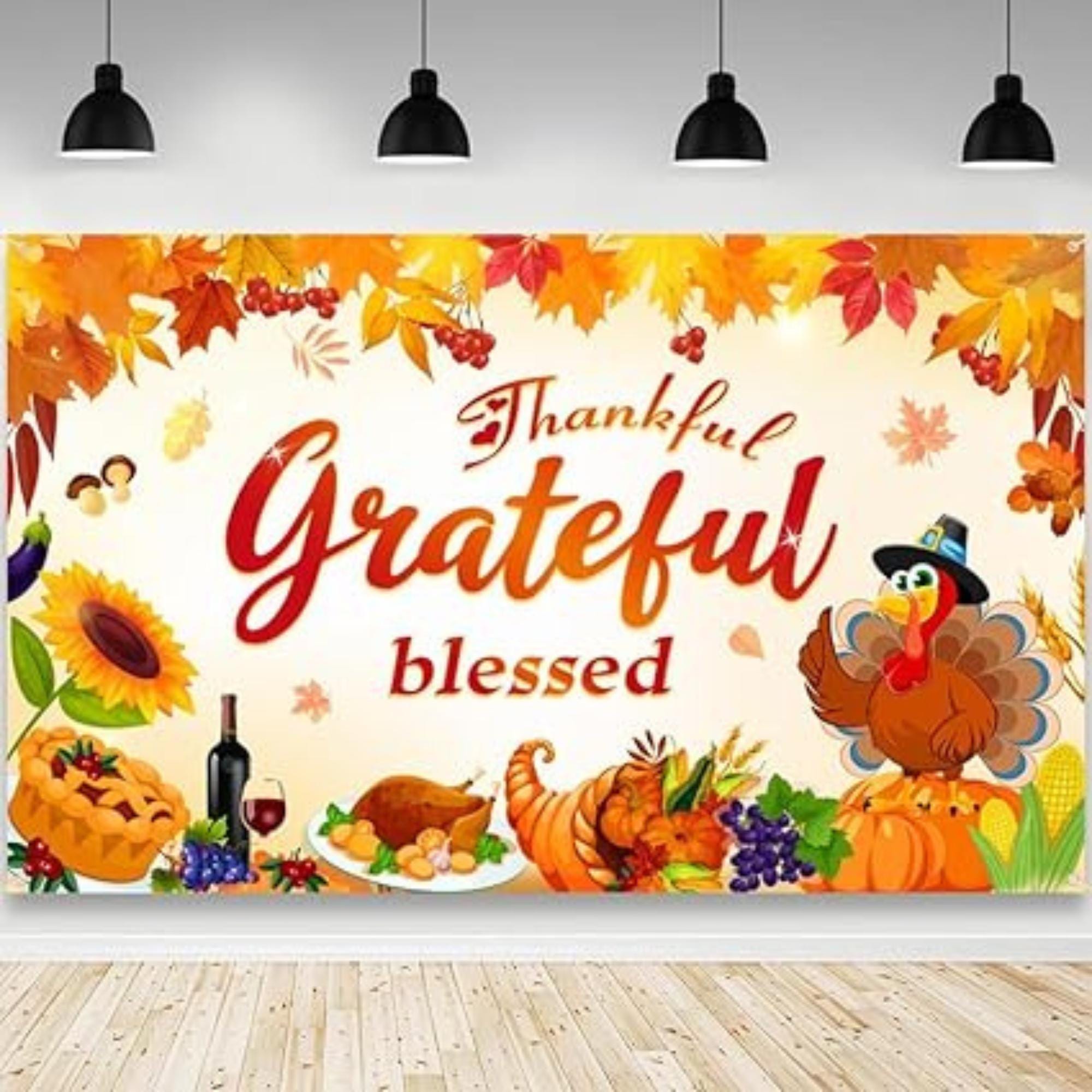 70.8x43.3 Inch Fall Thanksgiving Backdrop Thankful Grateful Blessed Pumpkin Turkey Party Banner