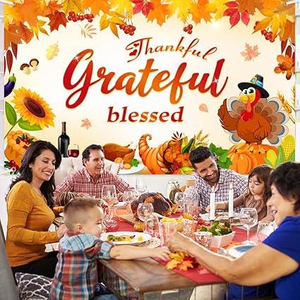 70.8x43.3 Inch Fall Thanksgiving Backdrop Thankful Grateful Blessed Pumpkin Turkey Party Banner