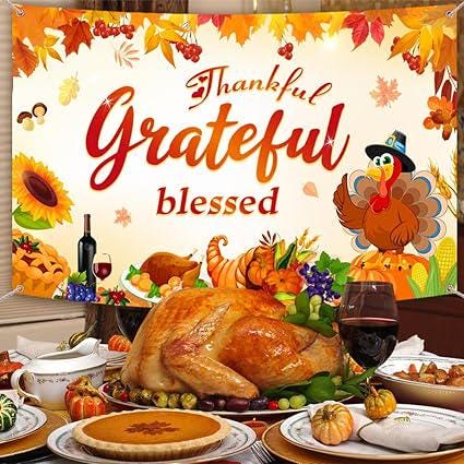 70.8x43.3 Inch Fall Thanksgiving Backdrop Thankful Grateful Blessed Pumpkin Turkey Party Banner