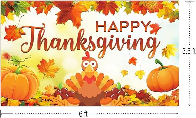 Large Happy Thanksgiving Banner Backdrop with Pumpkins and Fall Leaves Decor