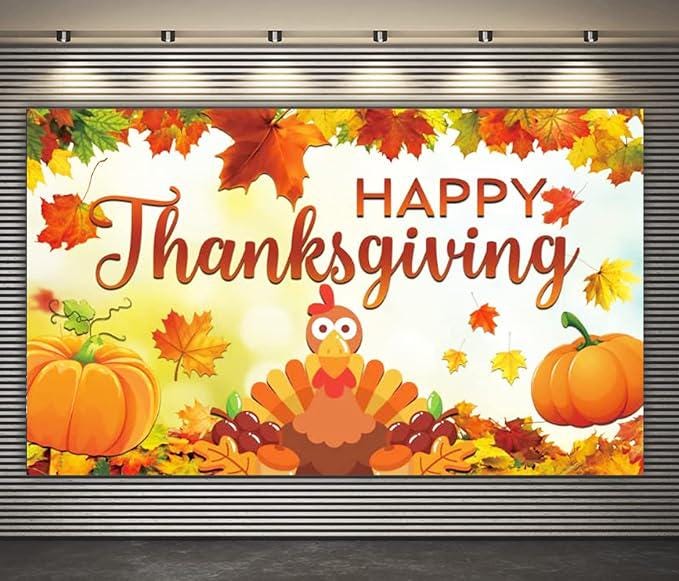 Large Happy Thanksgiving Banner Backdrop with Pumpkins and Fall Leaves Decor