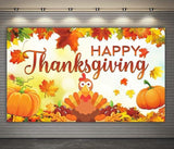 Large Happy Thanksgiving Banner Backdrop with Pumpkins and Fall Leaves Decor