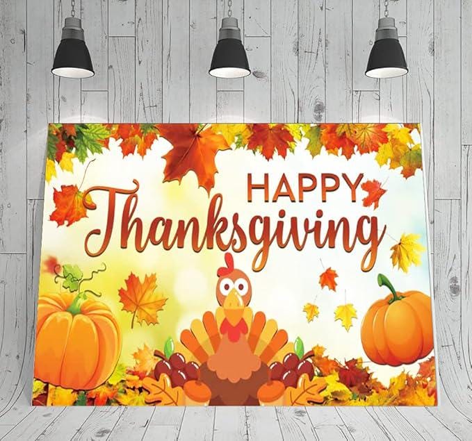 Large Happy Thanksgiving Banner Backdrop with Pumpkins and Fall Leaves Decor