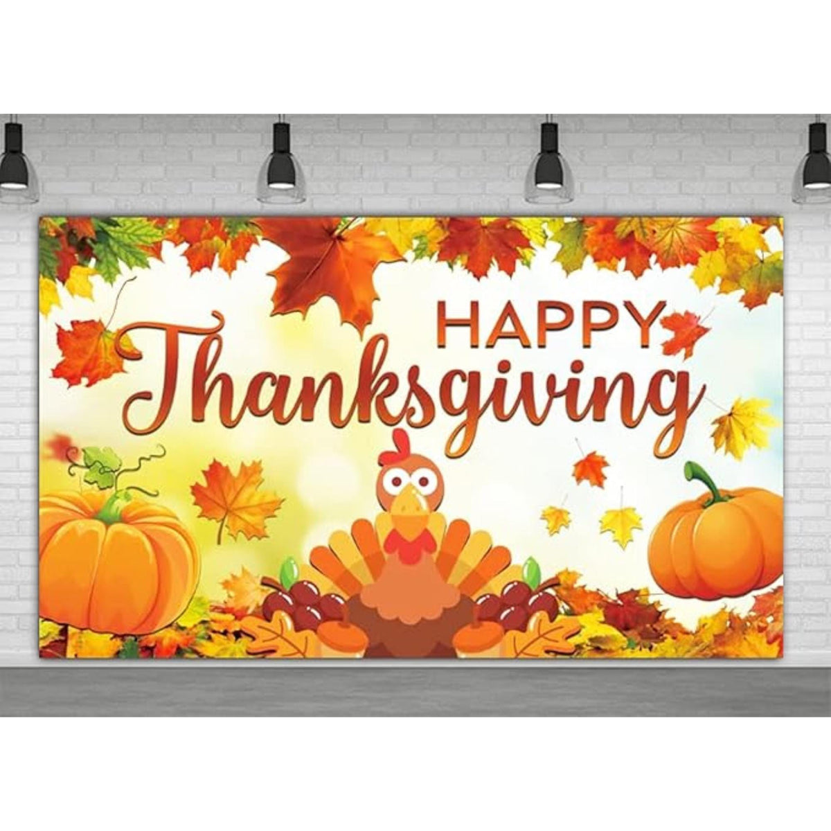 Large Happy Thanksgiving Banner Backdrop with Pumpkins and Fall Leaves Decor