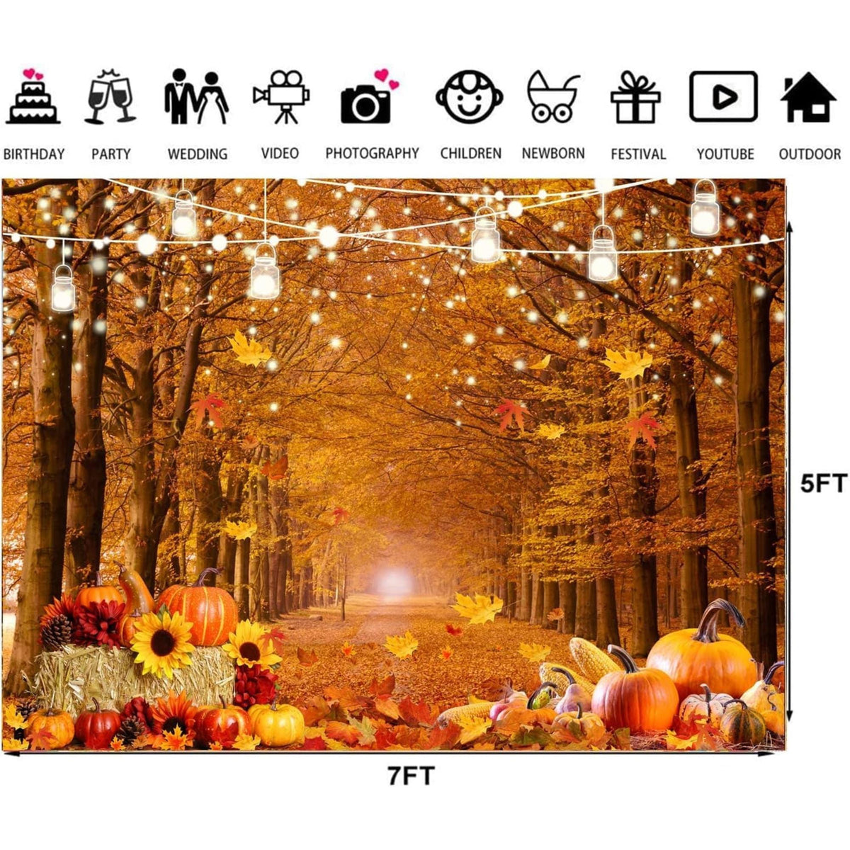 Autumn Maple Forest Backdrop with Pumpkins for Fall Harvest and Thanksgiving