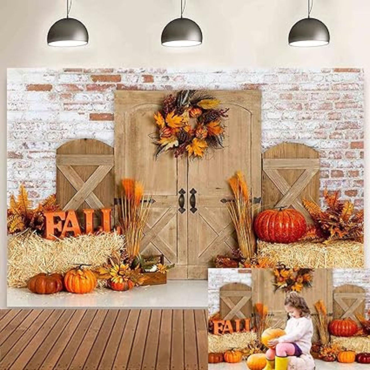 Rustic Fall Barn Backdrop with Pumpkins and Haystack for Thanksgiving Photoshoots