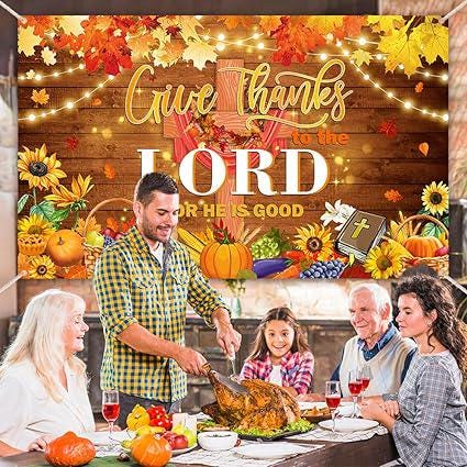 Give Thanks to the Lord Christian Thanksgiving Backdrop with Pumpkins and Leaves