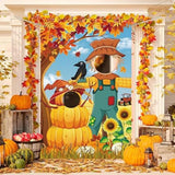 Autumn Scarecrow Backdrop with Pumpkins for Thanksgiving and Fall Harvest Photos