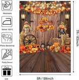 Fall Barn Door Backdrop with Pumpkins and Maple Leaves for Thanksgiving Parties