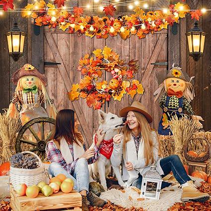 Fall Barn Door Backdrop with Pumpkins and Maple Leaves for Thanksgiving Parties