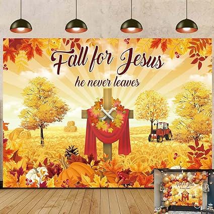 Fall for Jesus Thanksgiving Backdrop with Pumpkins and Sunflowers for Autumn Decor