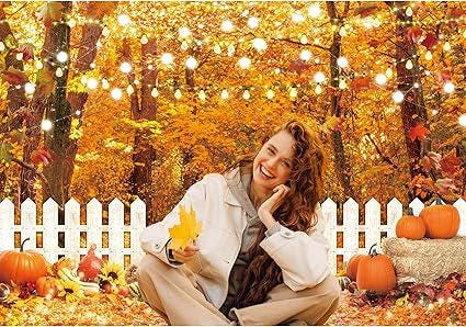Autumn Forest Backdrop with Pumpkins and White Fence for Thanksgiving Photos