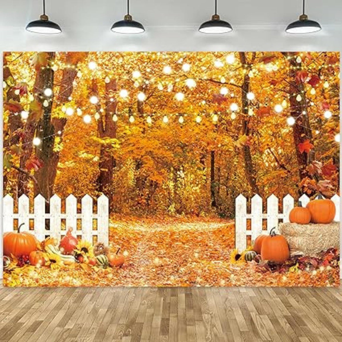 Autumn Forest Backdrop with Pumpkins and White Fence for Thanksgiving Photos