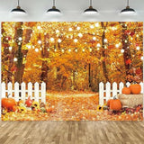 Autumn Forest Backdrop with Pumpkins and White Fence for Thanksgiving Photos
