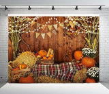 Rustic Barn Backdrop with Maple Leaves and Sunflowers for Fall Thanksgiving Photos