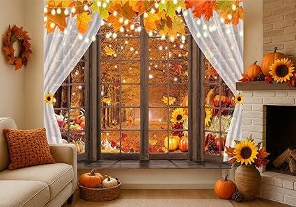 Autumn Window Backdrop with Pumpkins, Sunflowers, and Maple Leaves for Thanksgiving
