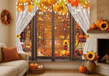 Autumn Window Backdrop with Pumpkins, Sunflowers, and Maple Leaves for Thanksgiving
