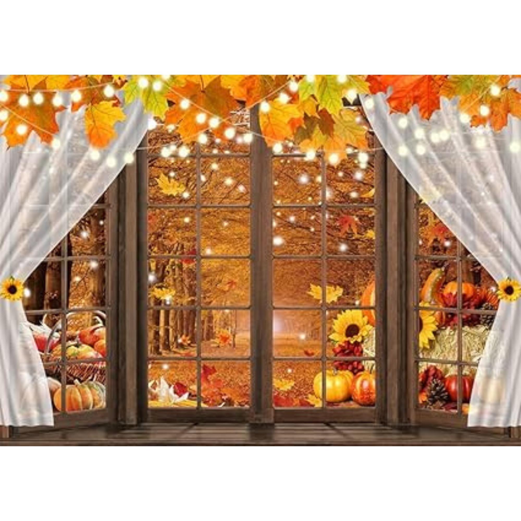 Autumn Window Backdrop with Pumpkins, Sunflowers, and Maple Leaves for Thanksgiving