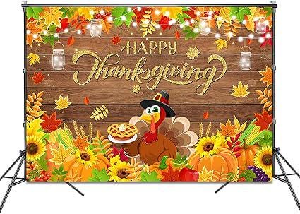 Happy Thanksgiving Backdrop with Pumpkins, Turkey, and Maple Leaves for Fall Photos