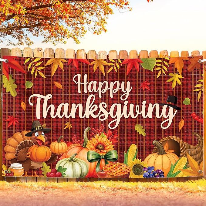 Happy Thanksgiving Banner Backdrop with Pumpkins and Turkey for Harvest Party Decor