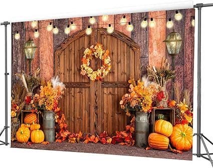 7x5ft Fall Thanksgiving Backdrop with Pumpkin Barn Hay and Maple Leaves