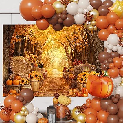 7x5ft Fall Autumn Backdrop with Forest Scenery Pumpkins and Maple Leaves