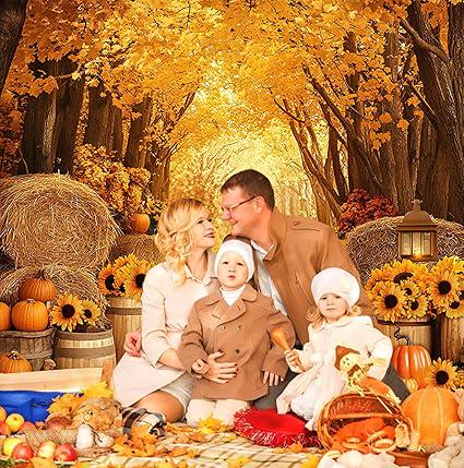 7x5ft Fall Autumn Backdrop with Forest Scenery Pumpkins and Maple Leaves