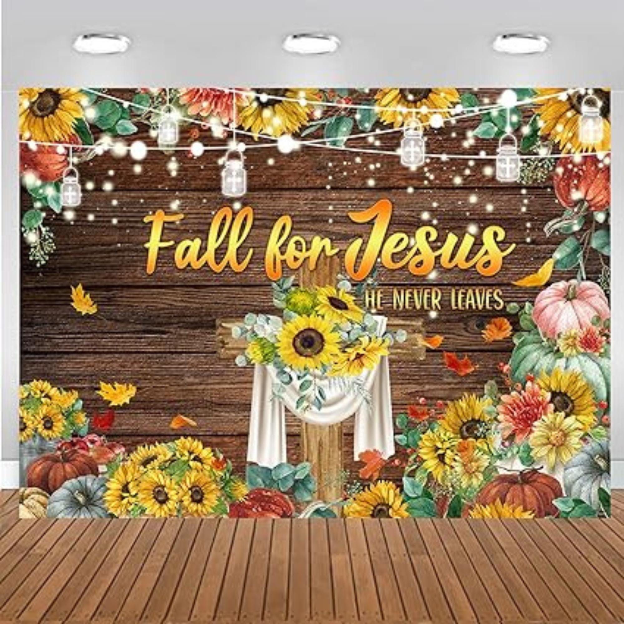 7x5ft Happy Thanksgiving Backdrop with "He Never Leaves" Pumpkin Autumn Leaves