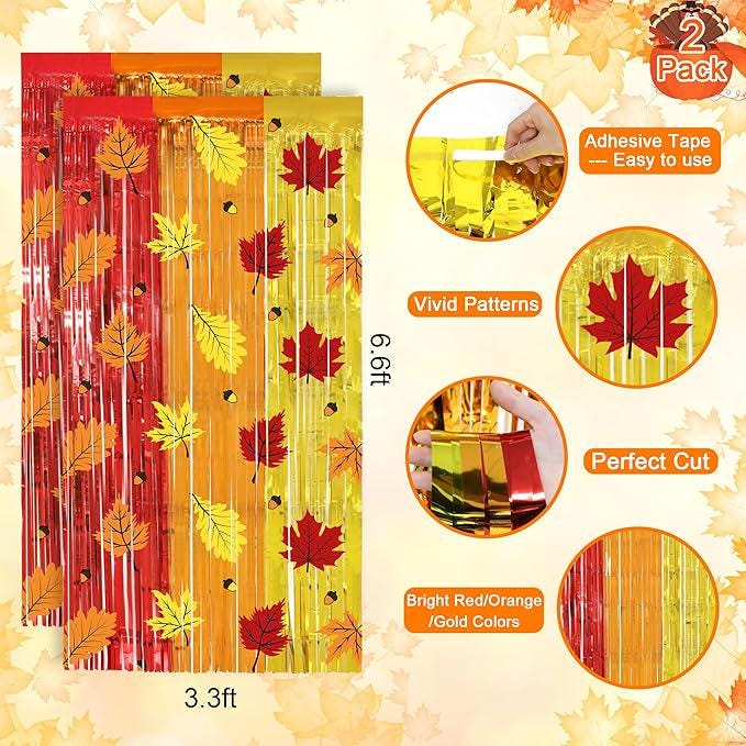 2 Pack Fall Thanksgiving Foil Fringe Curtains with Maple Leaf Pinecone Design