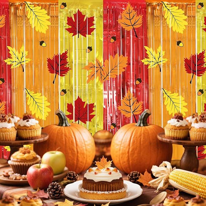 2 Pack Fall Thanksgiving Foil Fringe Curtains with Maple Leaf Pinecone Design