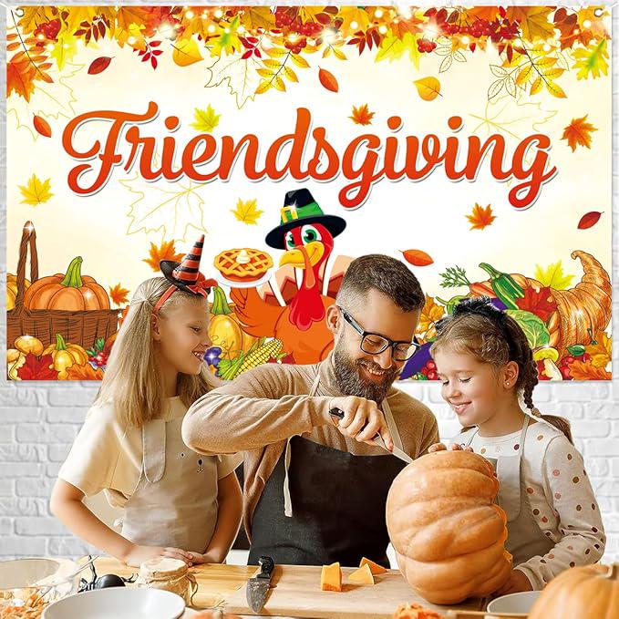 Friendsgiving Banner Backdrop with Turkey Pumpkins Maple Leaves Thanksgiving Decor