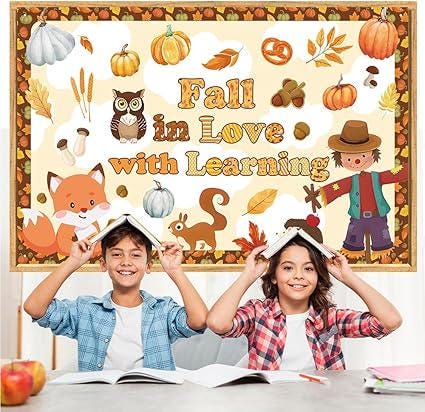 Fall in Love with Learning Backdrop with Pumpkins Maple Leaves Cl